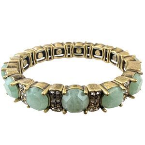 J.Crew Statement Bracelet Antique Brass Mint Green Stone Crystal Stretch Jewelry
